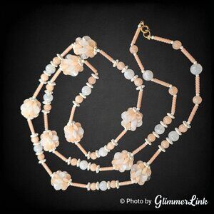 Vintage Peach & White Plastic Bead Cluster Necklace - 1950s Japan Style 46"
